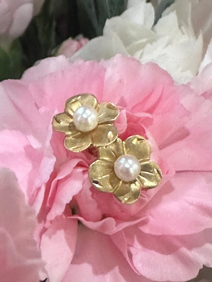 14 Karat Yellow Gold Cultured Pearl & Gold Flower Earrings  # 310-00345