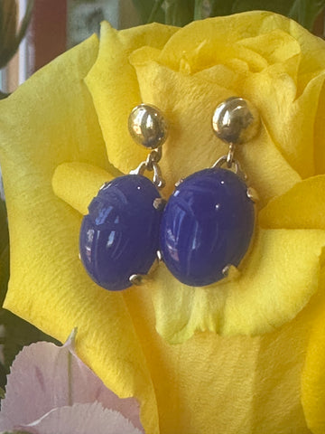 14 Karat Yellow Gold with Blue Crystal Scarab Earrings  # 210-00931