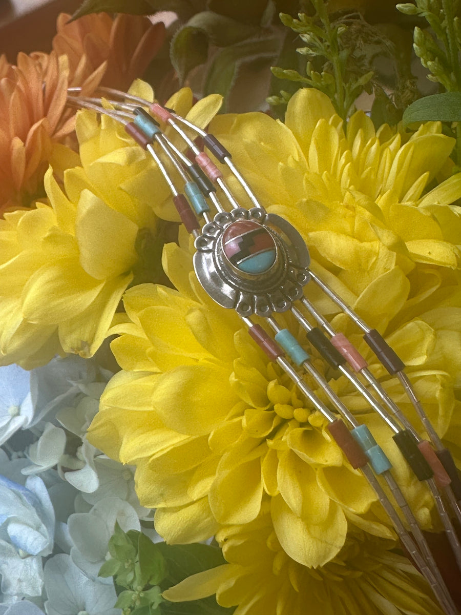 Sterling Silver Turquoise, Coral, Onyx & Rhodolite Garnet Bracelet  # 555-04168