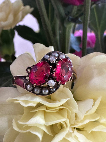 10 Karat Yellow Gold Red Doublet & Seed Pearl Ring  # 200-01481