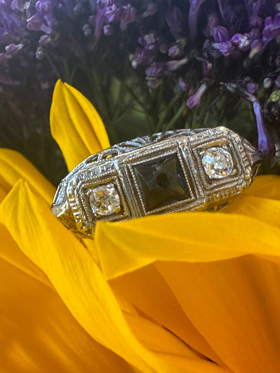 Art Deco Old Mine Cut Diamond Gypsy Style Ring  # 541-00086