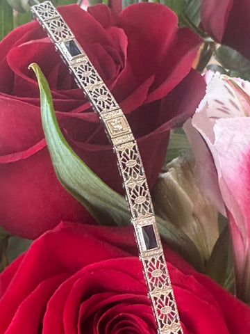 14 Karat White Gold Filigree Bracelet , 2 Synthetic Sapphires & 1 Diamond  # 540-00179