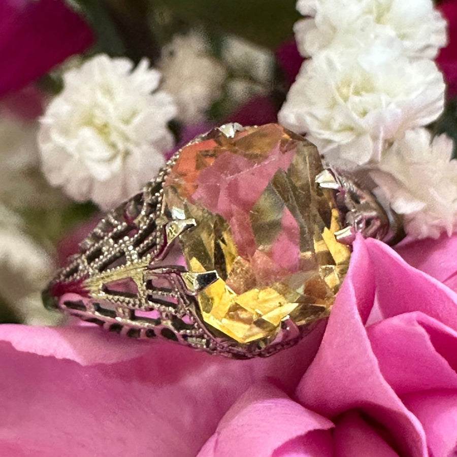 14 Karat White Gold Citrine Filigree Ring