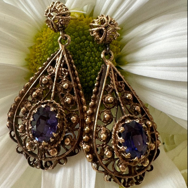 14 K Yellow Gold Dangle Style Earrings with 2 Oval Sapphires