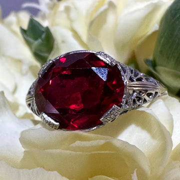 18 Karat White Gold Filigree Synthetic Ruby Ring