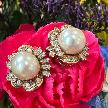 14 Karat Yellow Gold Cultured Pearls & Diamond Earrings