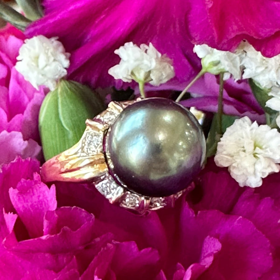 14 Karat Yellow Gold, South Sea Pearl & Diamond Ring