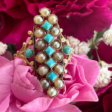 18 Karat Yellow Gold Turquoise & Pearl Ring