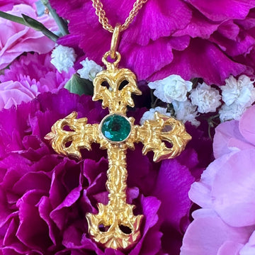 22 Karat Yellow Gold Cross with Synthetic Emerald