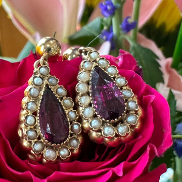 14 Karat Yellow Gold Amethyst & Seed Pearl Earrings