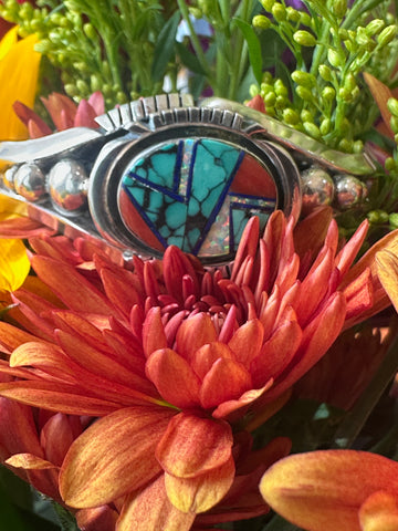 Tom Lewis Sterling Silver, Opal, Turquoise & Coral Cuff Bracelet  # 555-04182