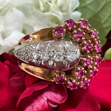 18 Karat Rose & White Gold Synthetic Ruby & Diamond Ring