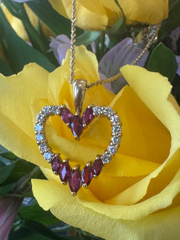 14 Karat Yellow Gold Diamond & Pink Sapphire Heart Necklace  # 235-00375
