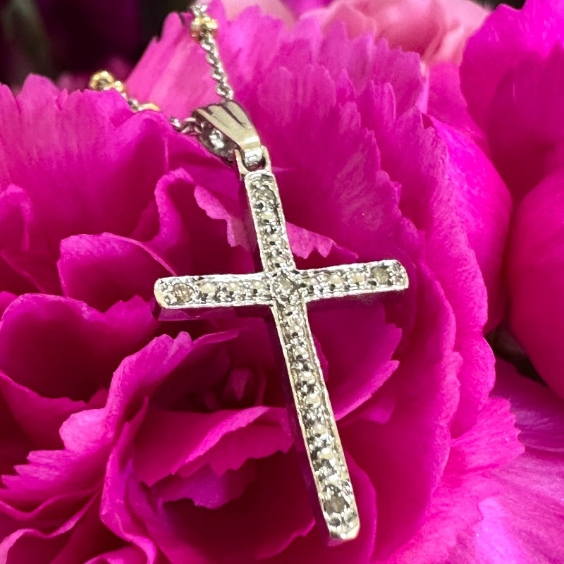 14 Karat White Gold Cross w/ Sterling Silver & Gold Filled Chain