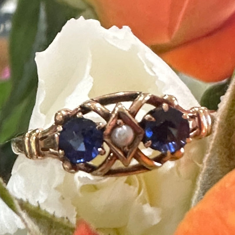 10 karat yellow gold Victorian Blue Doublet & Pearl Ring