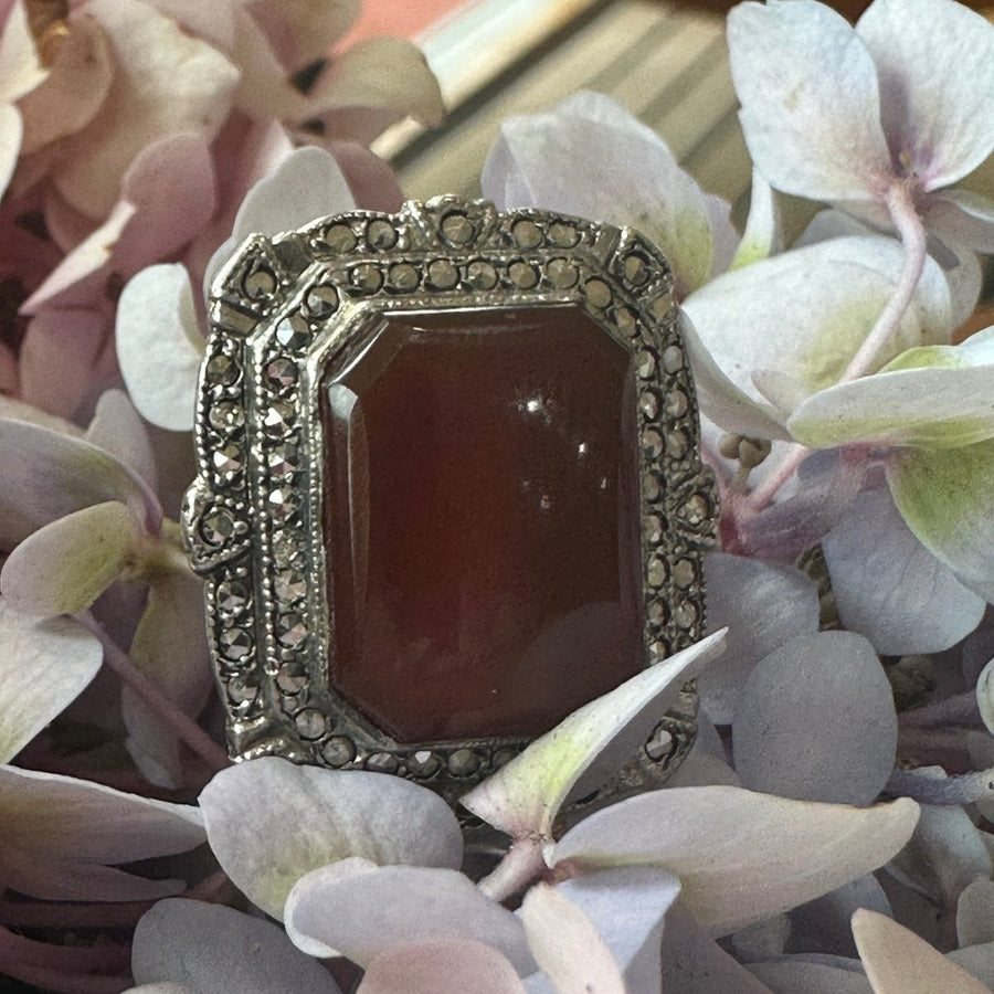 Sterling Silver Carnelian & Marcasite Ring