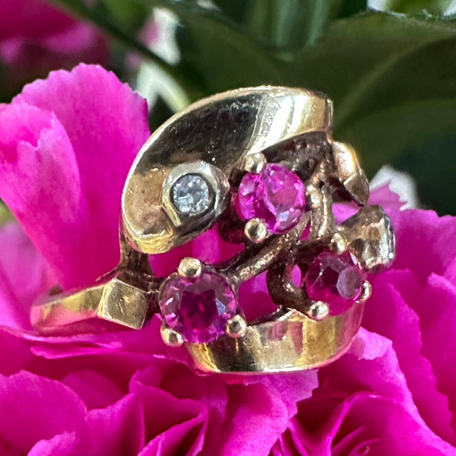 14 Karat Yellow Gold Diamond & Synthetic Ruby Ring