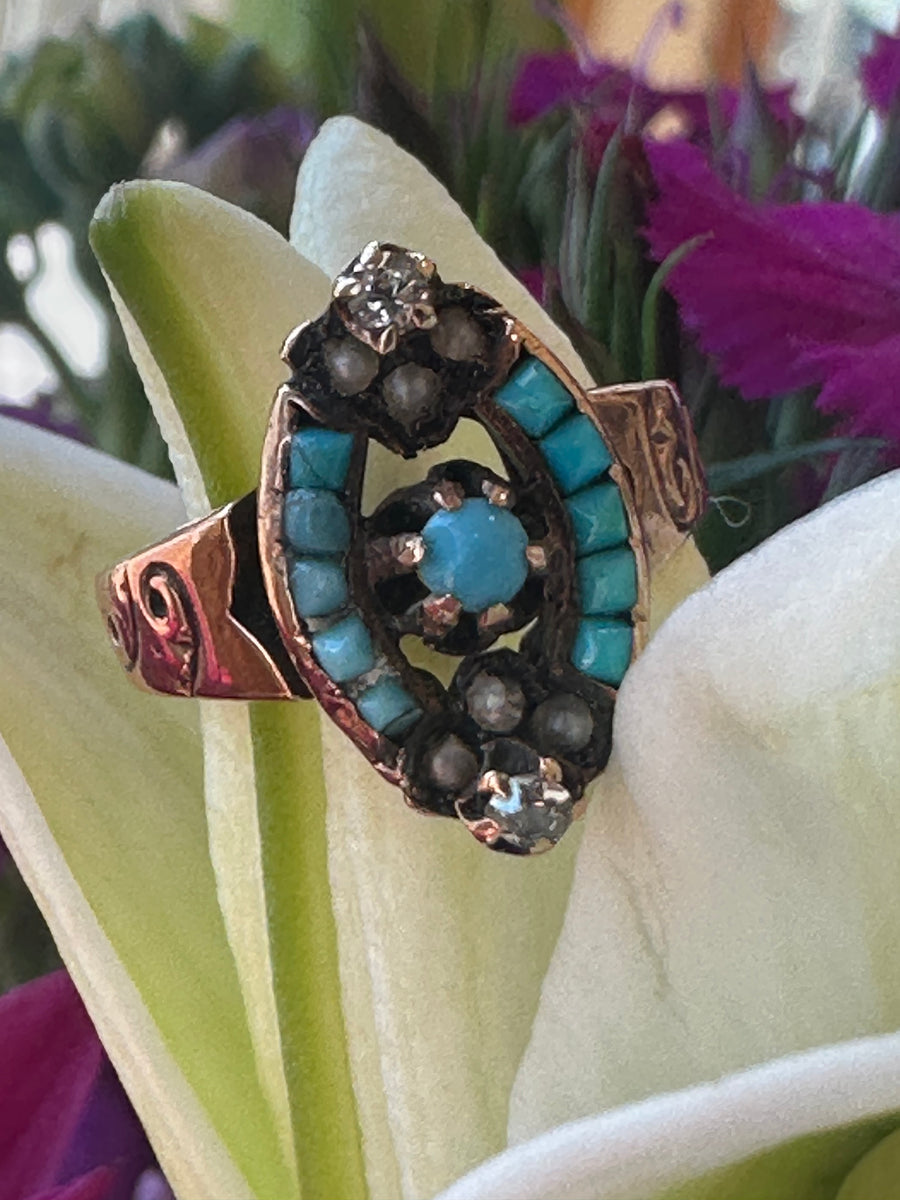 14 Karat Yellow Gold Victorian Turquoise, Seed Pearls & Diamond Ring # 200-01652
