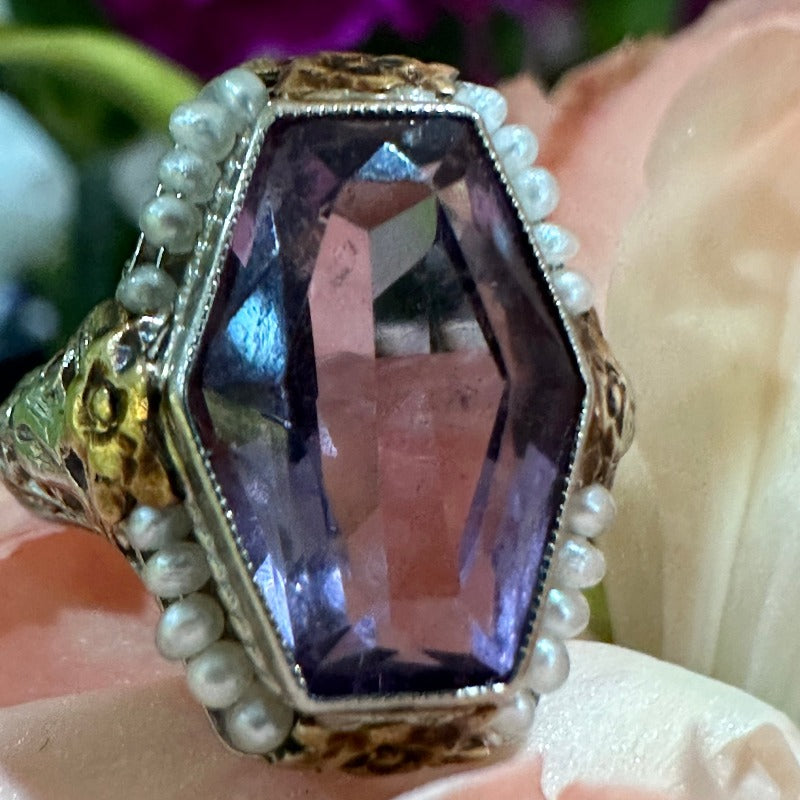 14 Karat White Gold, Amethyst & Seed Pearl Ring