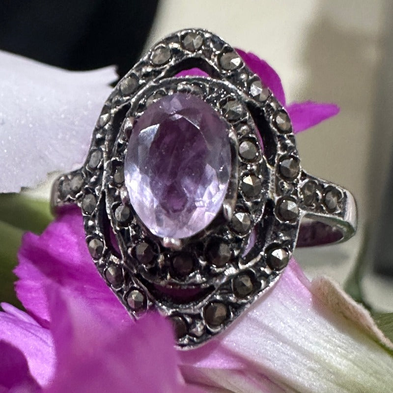 Sterling Silver Amethyst & Marcasite Ring