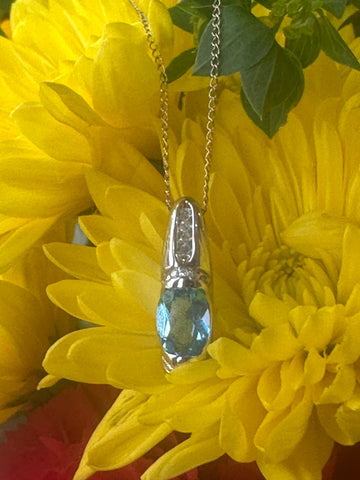 14 Karat White Gold Blue Topaz & Diamond Necklace  # 235-00380