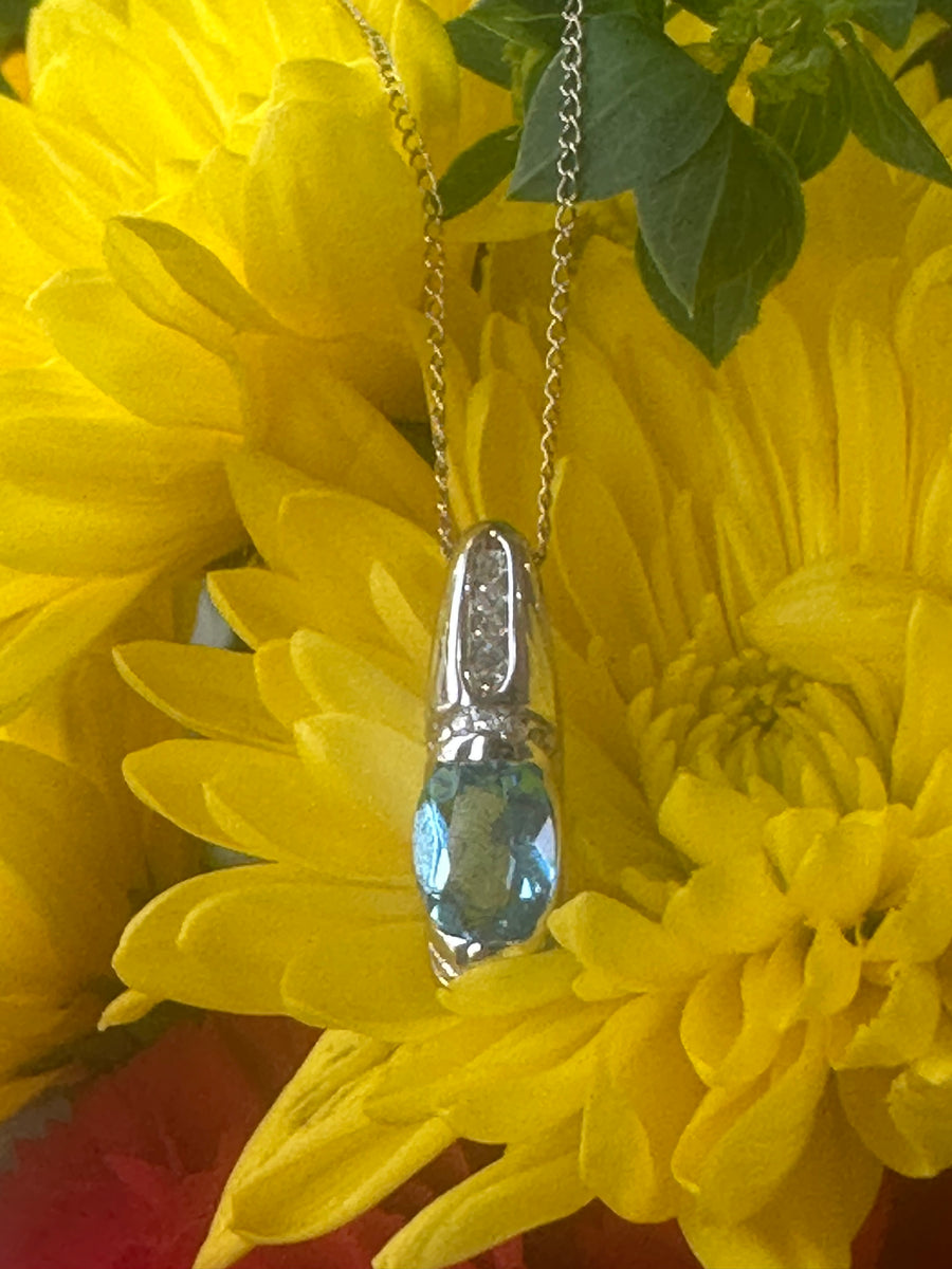 14 Karat White Gold Blue Topaz & Diamond Necklace  # 235-00380
