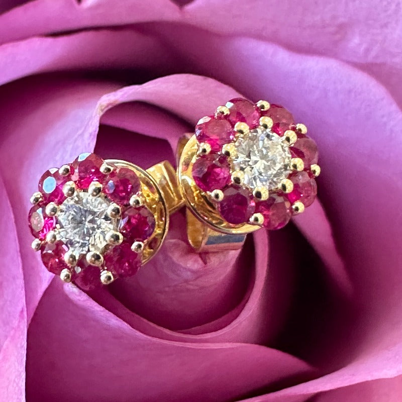14 Karat Yellow Gold Ruby & Diamond Earrings