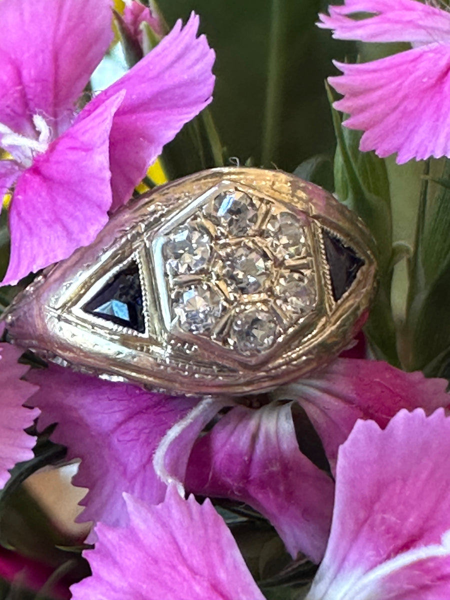 18 Karat White Gold Art Deco Diamond and Sapphire ring  # 130-00435