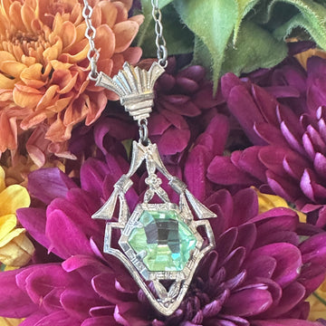 Sterling Silver Green Glass Victorian Necklace  # 555-04192