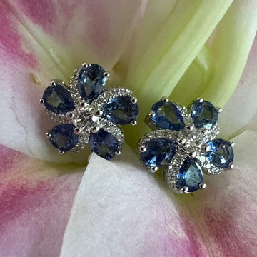 14 Karat White Gold Blue Sapphire & Diamond Earrings