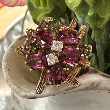 14 Karat Yellow Gold Almandite Garnet and Diamond Fashion Ring