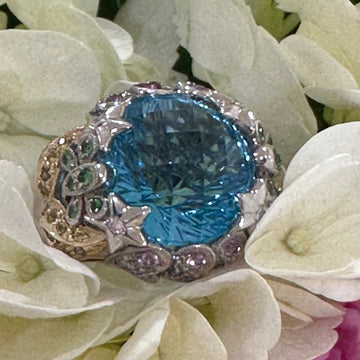 18 Karat White Gold Blue Topaz, Diamond and Sapphire Cocktail Ring