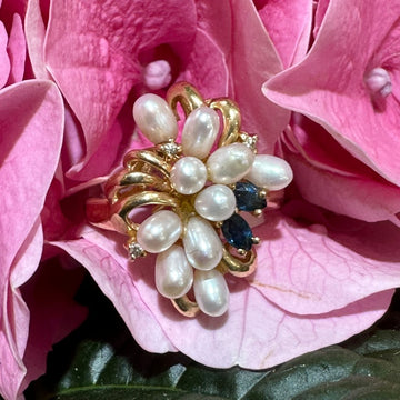 14 Karat Yellow Gold Diamond, Pearl and Sapphire Ring