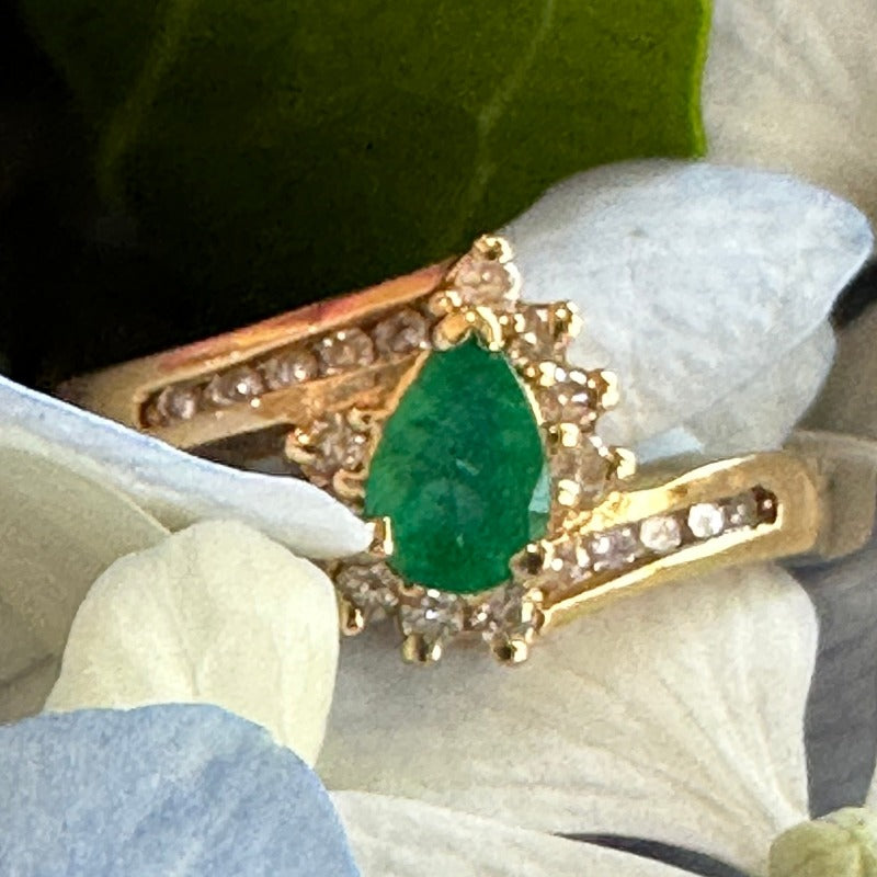 14 Karat Yellow Gold Pear Shaped Emerald and Diamond Ring