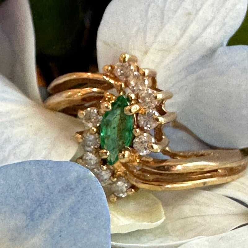 14 Karat Yellow Gold Marquise Cut Emerald Ring