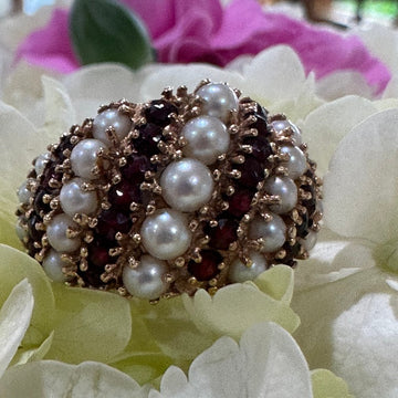 14 Karat Yellow Gold Pearl and Garnet Ring