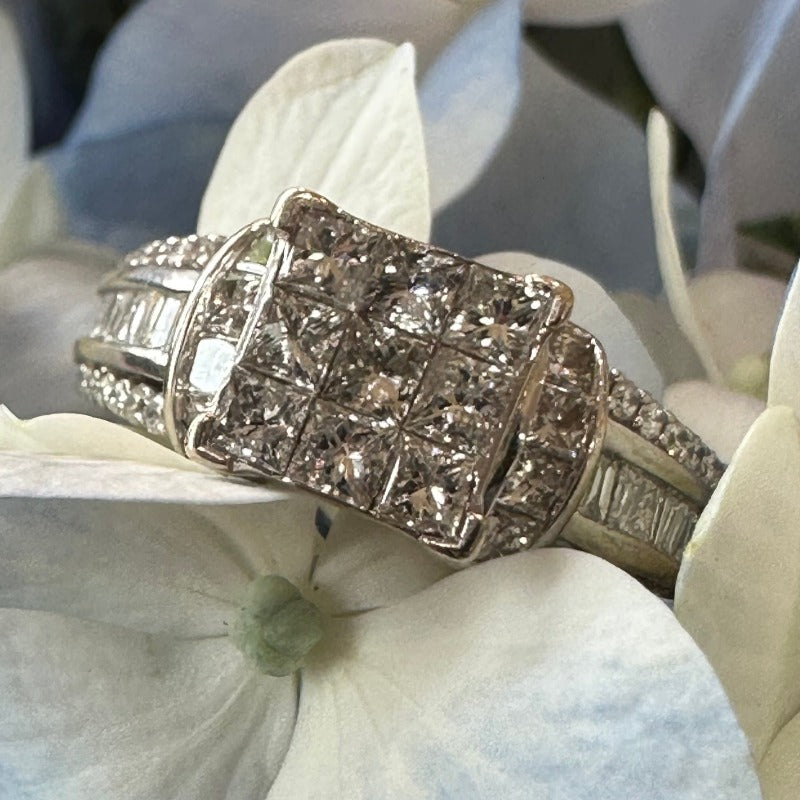 14 Karat White Gold Princess Cut Diamond Cluster Ring