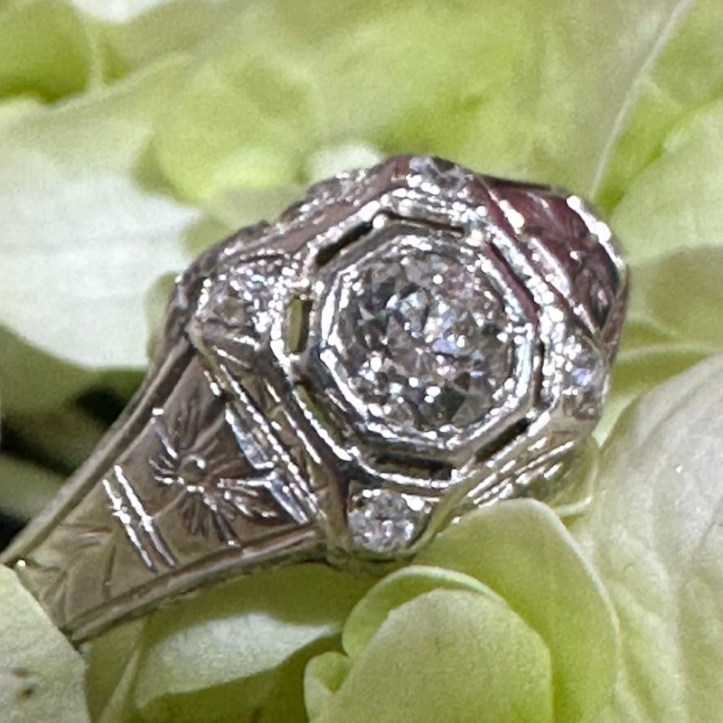 18 Karat White Gold Art Deco Old European Cut Diamond Engagement Ring