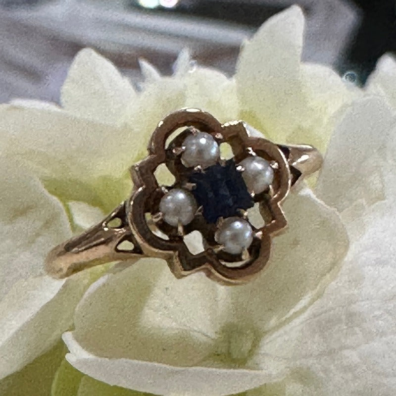 14 Karat Yellow Gold, Seed Pearl & Blue Glass Ring