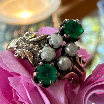 10 Karat Yellow Gold Victorian Ring with Green Doublets & Seed Pearls