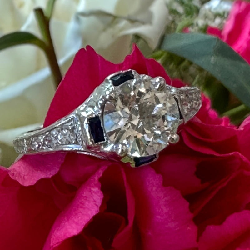 Platinum  Art Deco Ring with a Diamond 1.23 ct & 4 synthetic Sapphires