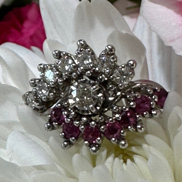 14 Karat White Gold Diamond & Synthetic Ruby Cluster Ring