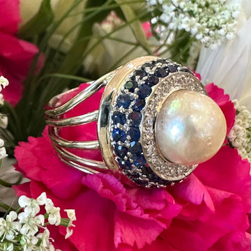 14 Karat White Gold Pearl, Diamond and Blue Sapphire Fashion Ring