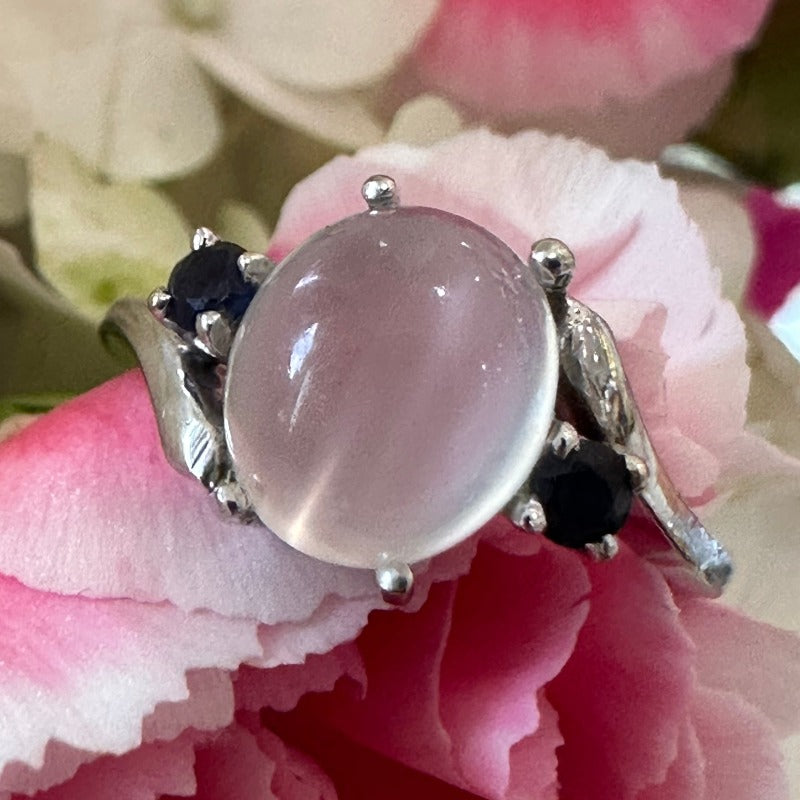 14 Karat White Gold Moonstone & Sapphire Ring