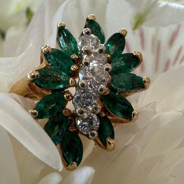 14 Karat Yellow Gold Emerald & Diamond Ring