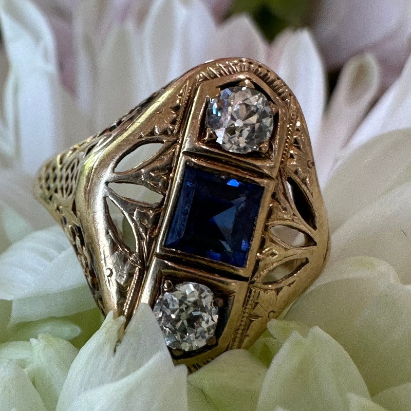 14 Karat Yellow Gold, Synthetic Sapphire & Diamond Ring