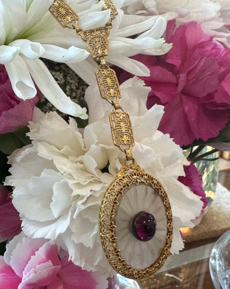10 Karat Yellow Gold Crystal and Pink Sapphire Necklace