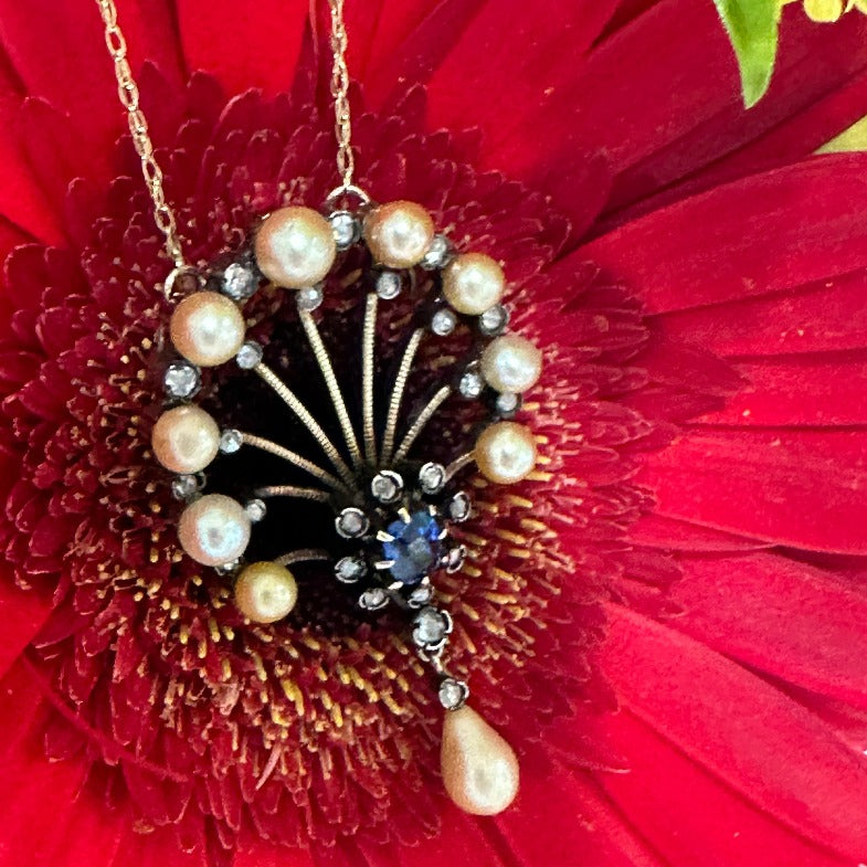 Circa 1860 Rose Cut Diamond and Sapphire Pendant Necklace
