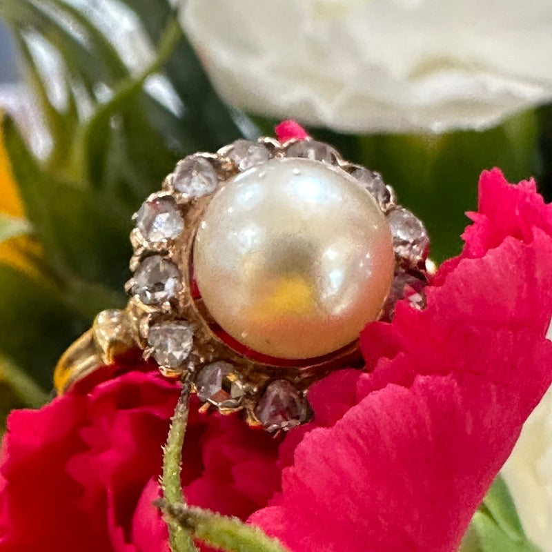 14 Karat Yellow Gold Cultured Pearl & Diamond Ring