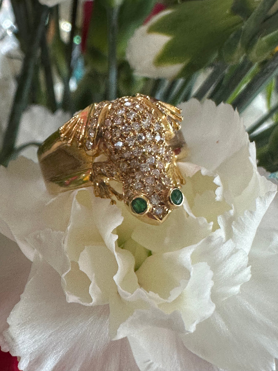 18 Karat Frog Ring with Diamonds Emeralds #130-00585